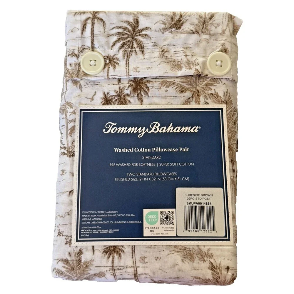 Tommy Bahama Surfside Brown Standard Pillowcases 100% Cotton Set of 2 Palm Trees